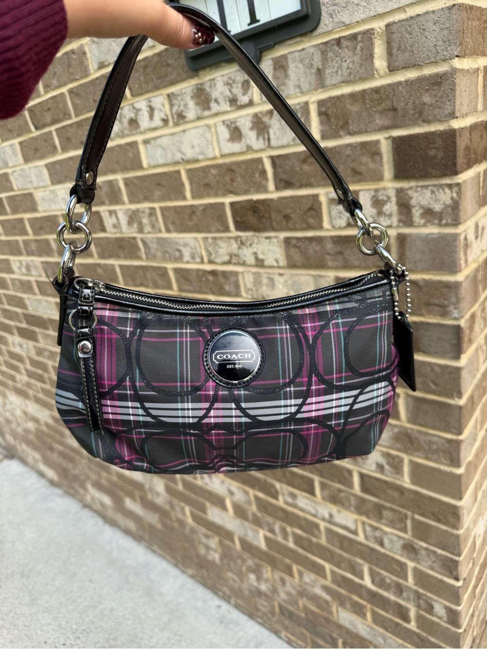 Coach Black & Pink Plaid Signature Shoulder Bag